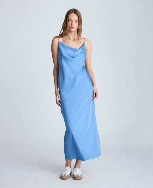 Shadow Blue Satin Slip Dress – Cowl Neck & Side Slit | KC