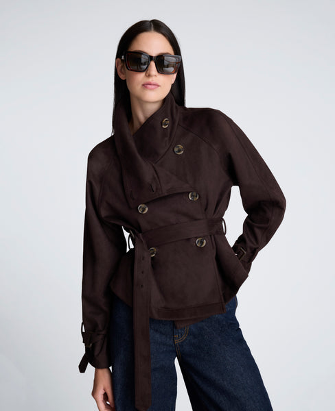 Faux Suede Cropped Belted Trench Jacket Rich Bark | KC
