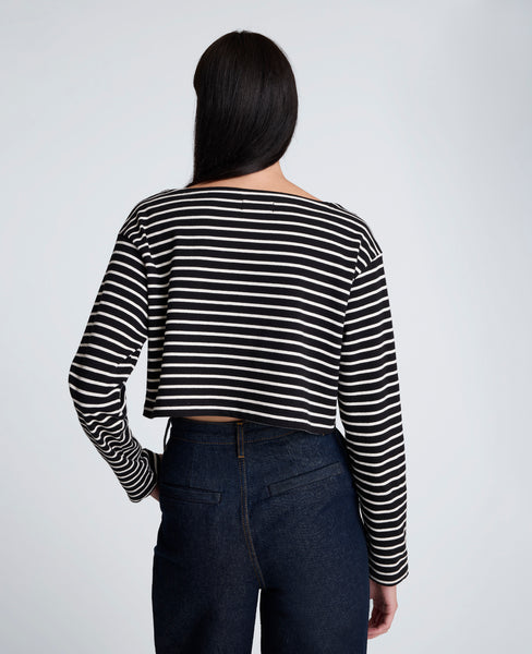 Striped Cotton Cropped Boatneck Long Sleeve Tee