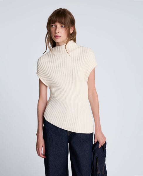 Shop Asymmetrical Ribbed Mock Neck Sweater Oyster | KC