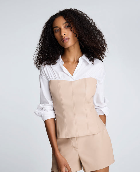 Poplin Y-Neck Top Vegan Leather Bustier | Kenneth Cole