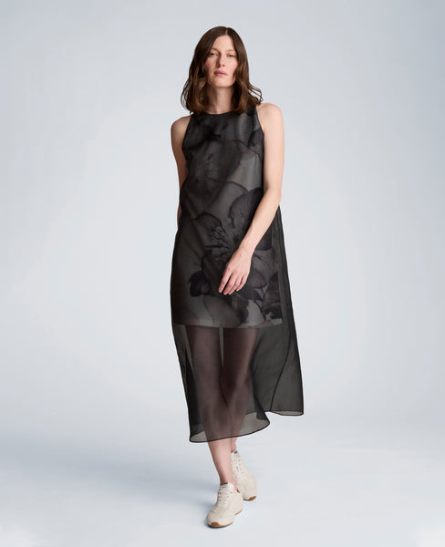 black dress with sheer Sheer Overlay Crewneck Mini A-Line Dress
