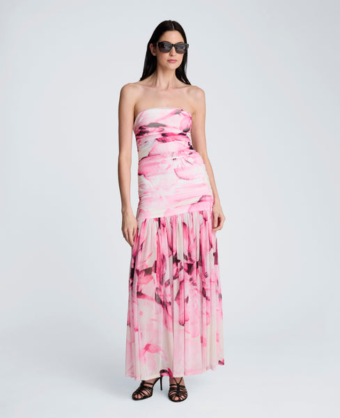 mesh printed strapless sweetheart maxi dress Navy Floral Mesh Ruffled Strapless Maxi Dress | Womens | Small (Available in M) | 100% Polyester | Lulus | Homecoming