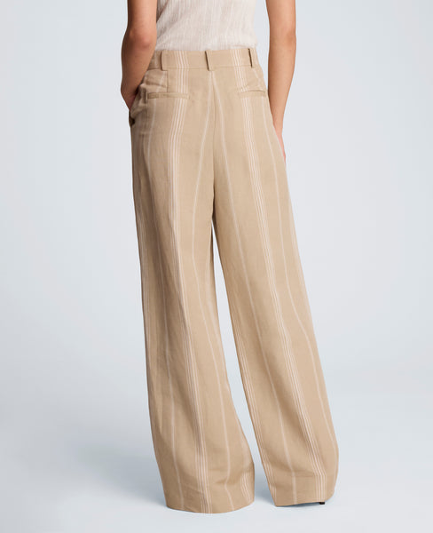 Striped Linen Blend High Rise Fly Front Double Pleat Wide Leg Pant