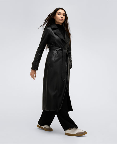 Shop Faux Leather Belted Trench Coat – Black | Kenneth Cole