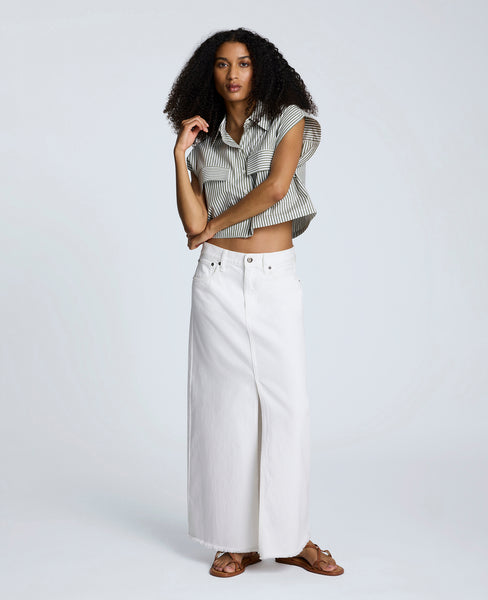 Denim Fly Front 4-Pocket Maxi Skirt With Fray Hem