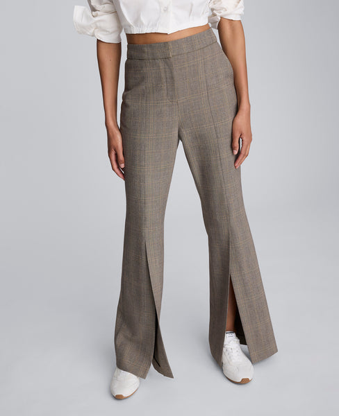 Plaid High Rise Split Front Flare Leg Pant