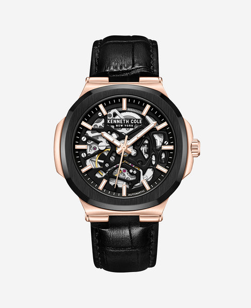 Skeleton Automatic Leather Strap Watch Kenneth Cole Men