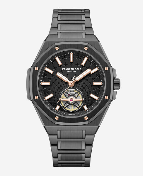 Skeleton Automatic Black Rose Gold Stainless Steel Bracelet Watch