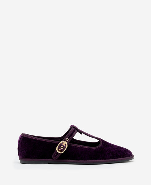 Verona Plum Velvet T-Strap Mary Jane Flat | Kenneth Cole