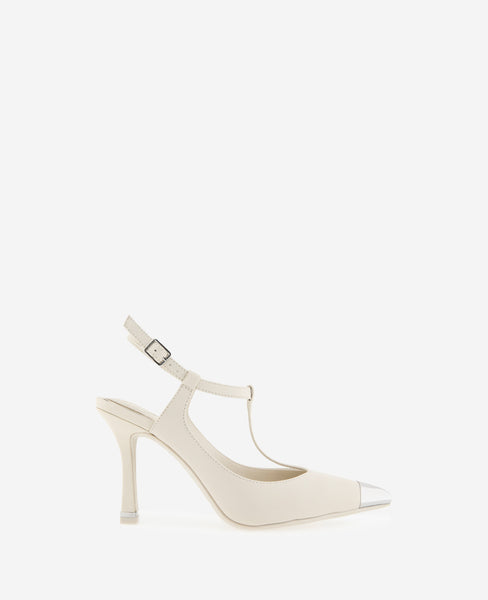 Romi T-Strap Heels – Off-White with Silver Detail | KC
