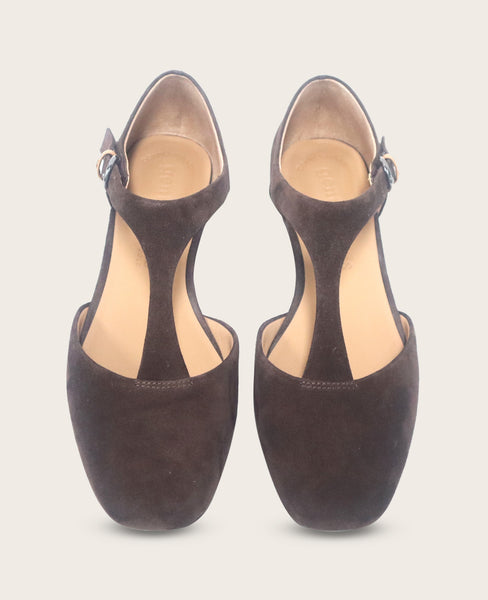 Wyatt Suede T-Strap Flat in Chocolate | Gentle Souls KC