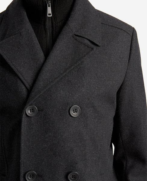 Wool Double-Breasted Peacoat with Ribbed Bib