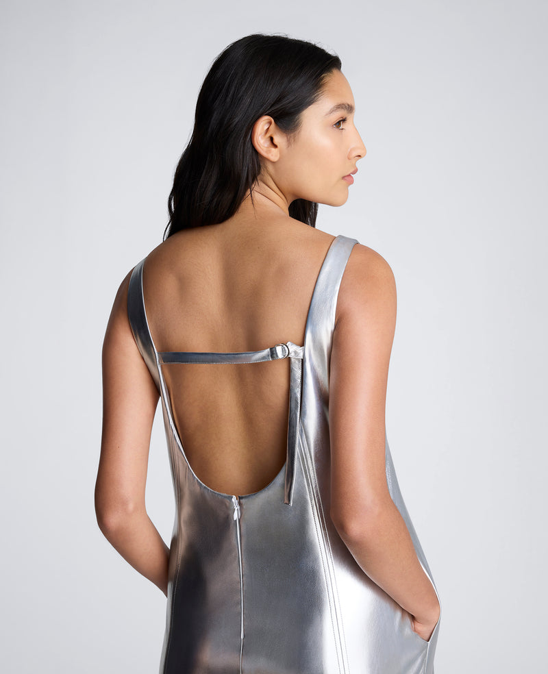 Vegan Metallic Open Back Strap Shift Dress Vegan Metallic Open Back Strap Shift Dress