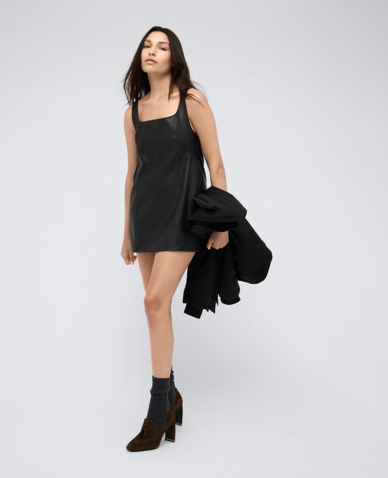 Kenneth Cole | Site Exclusive! Leather Open Back Strap Shift Dress in BLACK, Size: 14 Kenneth Cole | Site Exclusive! Leather Open Back Strap Shift Dress in BLACK, Size: 14