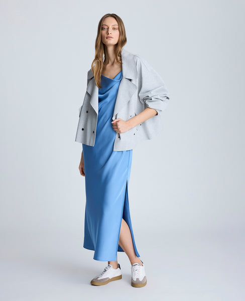 Shadow Blue Satin Slip Dress – Cowl Neck & Side Slit | KC