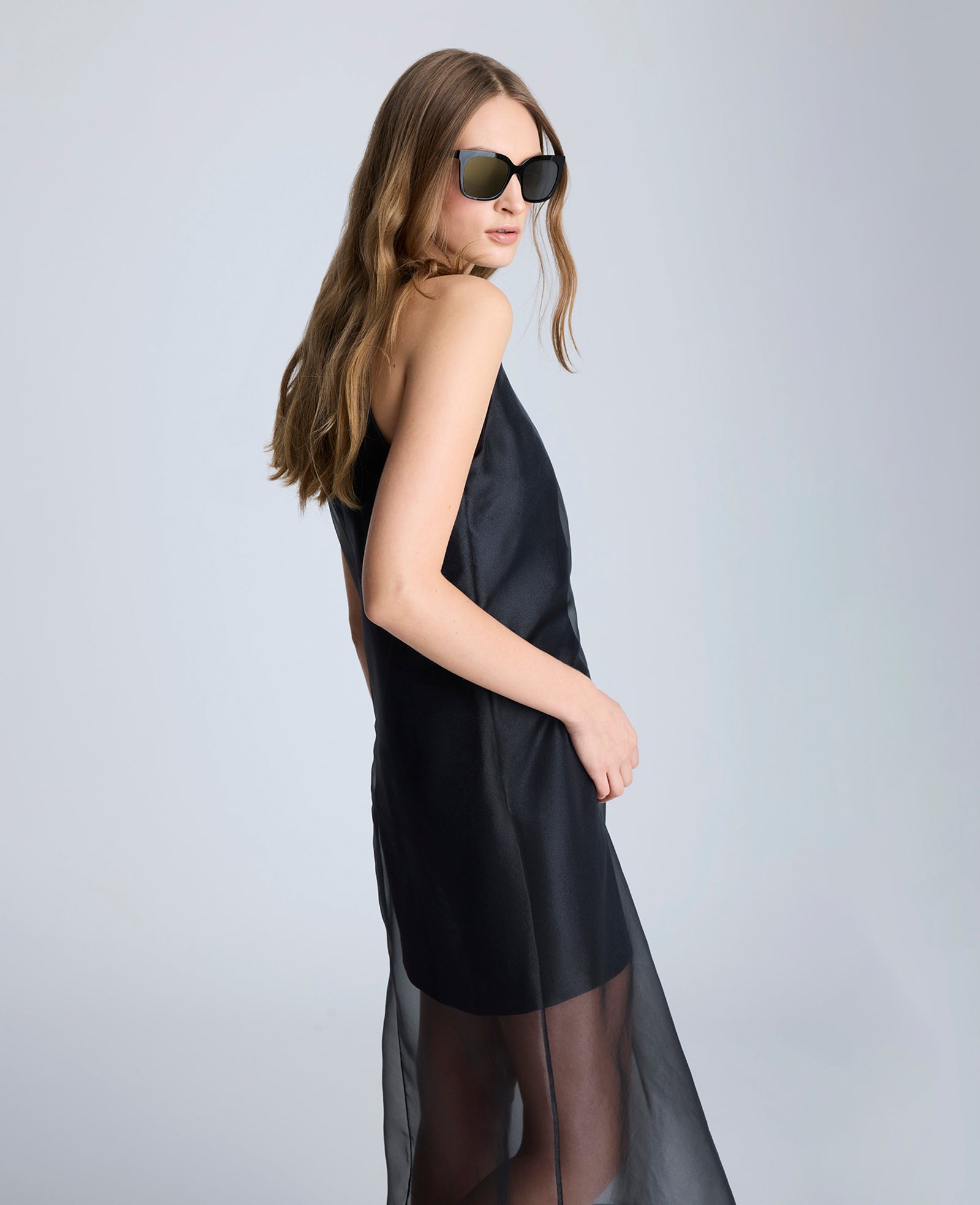 Black Boat Neck Mini Dress with Sheer Overlay