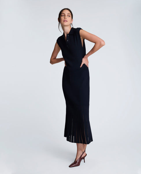 Polo Neck Sweater Dress with Sheer Hem Inserts