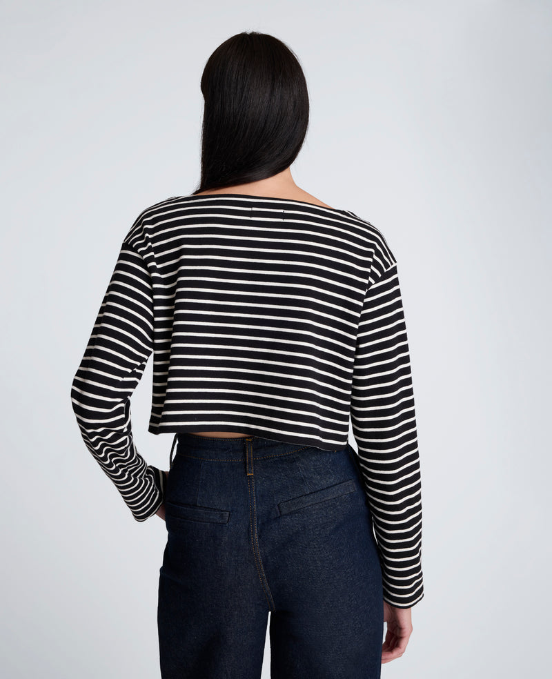 Kenneth Cole - Striped Cotton Cropped Boatneck Long Sleeve Tee WOMENS KNITS for Women