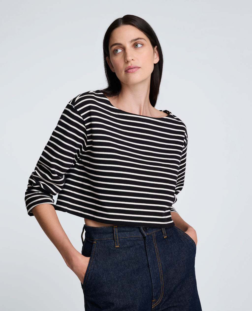 Kenneth Cole - Striped Cotton Cropped Boatneck Long Sleeve Tee WOMENS KNITS for Women 