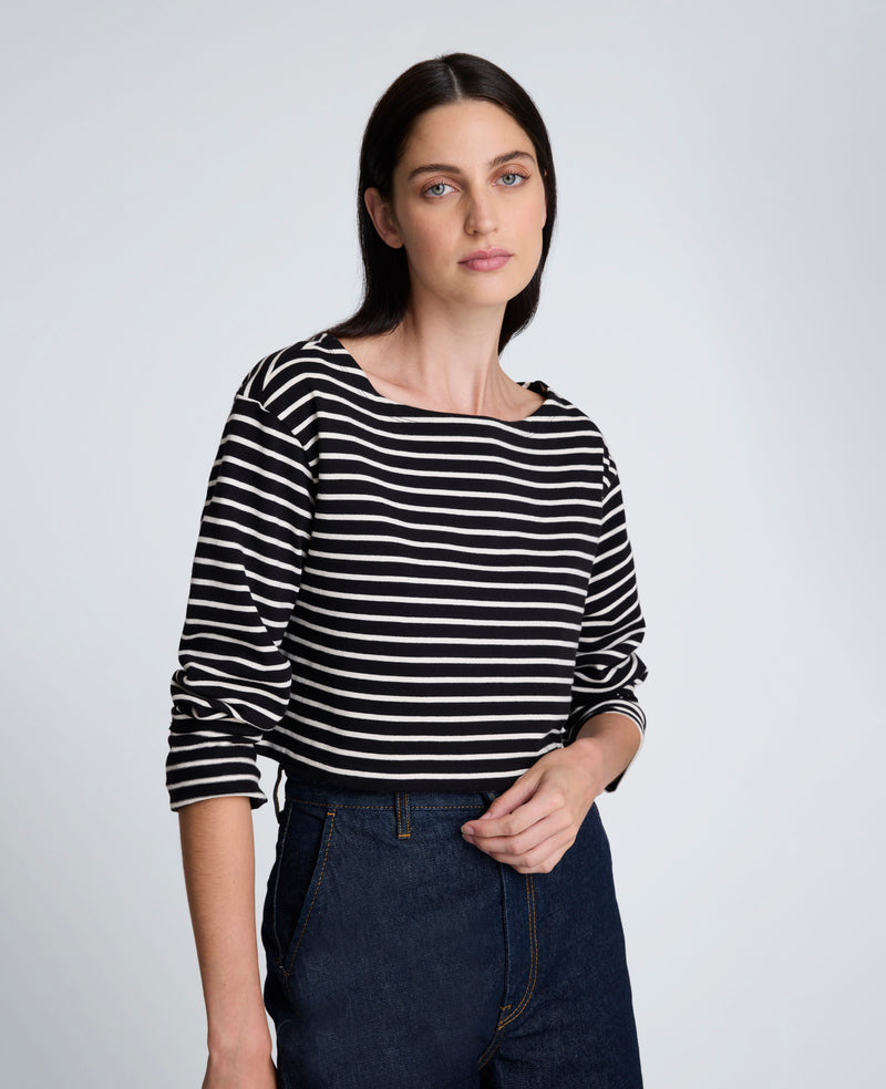 Kenneth Cole - Striped Cotton Cropped Boatneck Long Sleeve Tee WOMENS KNITS for Women