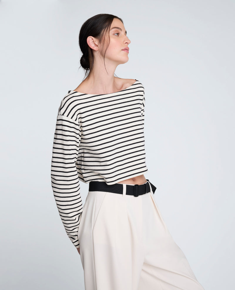 Kenneth Cole - Striped Cotton Cropped Boatneck Long Sleeve Tee WOMENS KNITS for Women