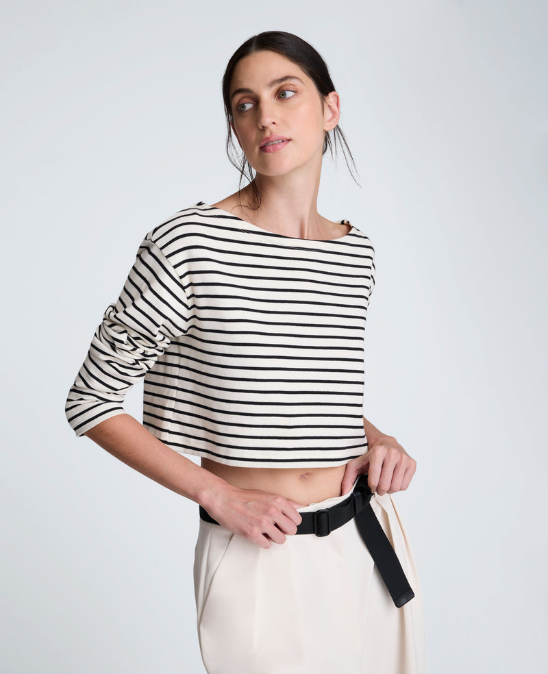 Kenneth Cole - Striped Cotton Cropped Boatneck Long Sleeve Tee WOMENS KNITS for Women