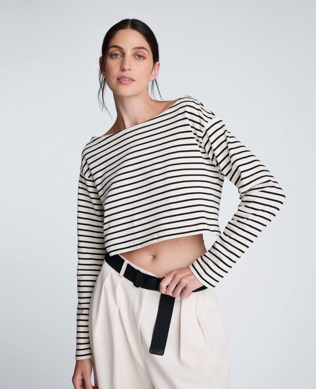 Kenneth Cole - Striped Cotton Cropped Boatneck Long Sleeve Tee WOMENS KNITS for Women 