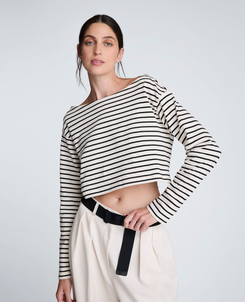 Kenneth Cole - Striped Cotton Cropped Boatneck Long Sleeve Tee WOMENS KNITS for Women