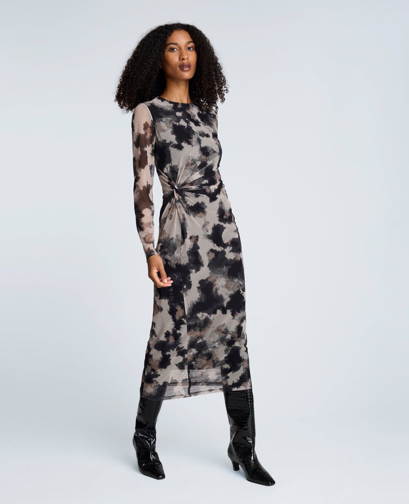 Kenneth Cole - Printed Mesh Knot Front Long Sleeve Midi Dress WOMENS DRESS for Women