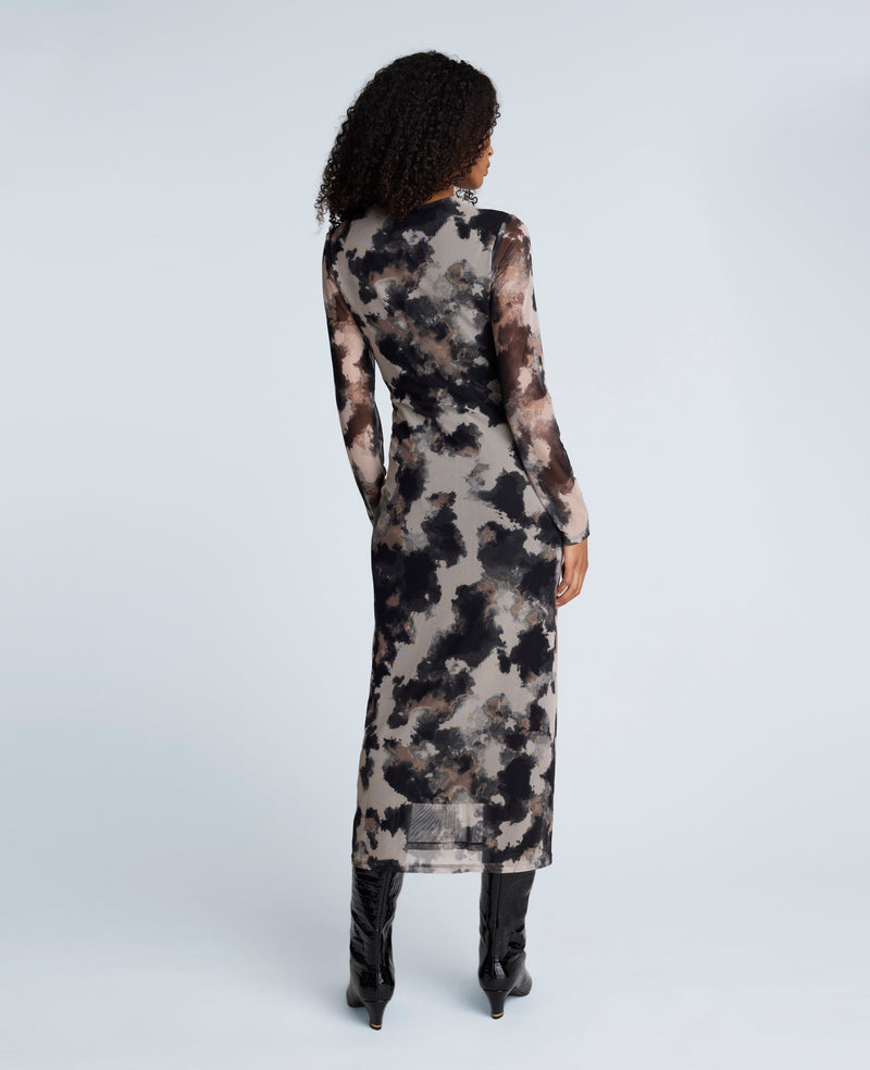 Kenneth Cole - Printed Mesh Knot Front Long Sleeve Midi Dress WOMENS DRESS for Women