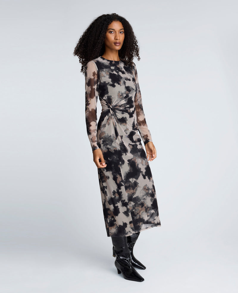 Kenneth Cole - Printed Mesh Knot Front Long Sleeve Midi Dress WOMENS DRESS for Women