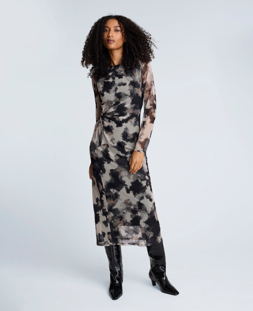 Kenneth Cole - Printed Mesh Knot Front Long Sleeve Midi Dress WOMENS DRESS for Women 