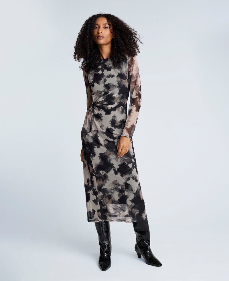 Kenneth Cole - Printed Mesh Knot Front Long Sleeve Midi Dress WOMENS DRESS for Women