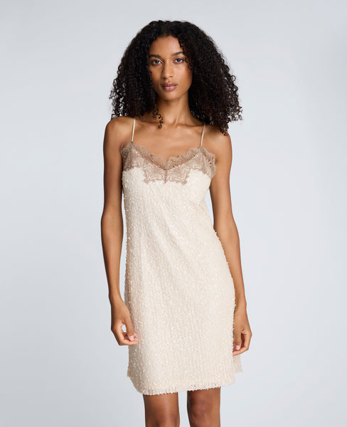 Kenneth Cole | Sequin Netting Slip Dress With Lace Trim in OYSTER, Size: 10 Kenneth Cole | Sequin Netting Slip Dress With Lace Trim in OYSTER, Size: 10
