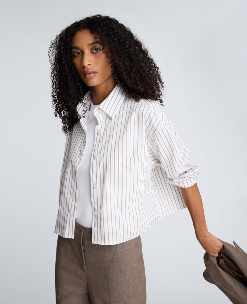 Kenneth Cole - Striped Cotton Poplin Button Front Cropped Shirt WOMENS TOPS for Women