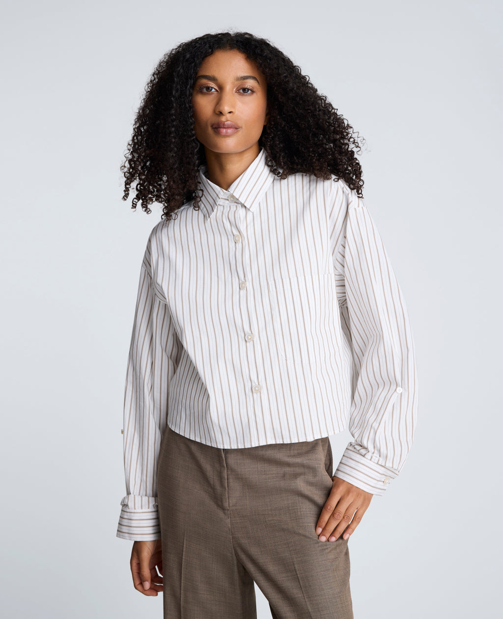 Kenneth Cole - Striped Cotton Poplin Button Front Cropped Shirt WOMENS TOPS for Women 