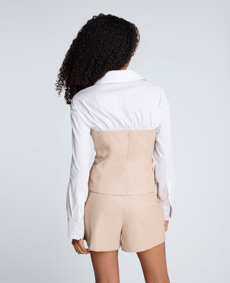 Kenneth Cole - Poplin Y-Neck Top with Vegan Leather Bustier WOMENS TOPS for Women