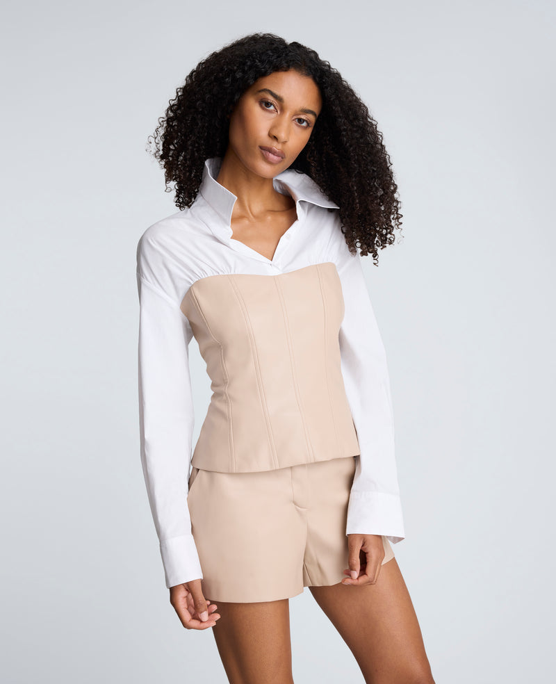 Kenneth Cole - Poplin Y-Neck Top with Vegan Leather Bustier WOMENS TOPS for Women