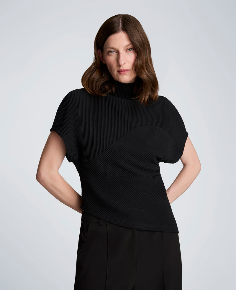 Kenneth Cole - Knit Plisse Mock Neck Asymmetrical Pullover with Extended Shoulder WOMENS KNITS for Women