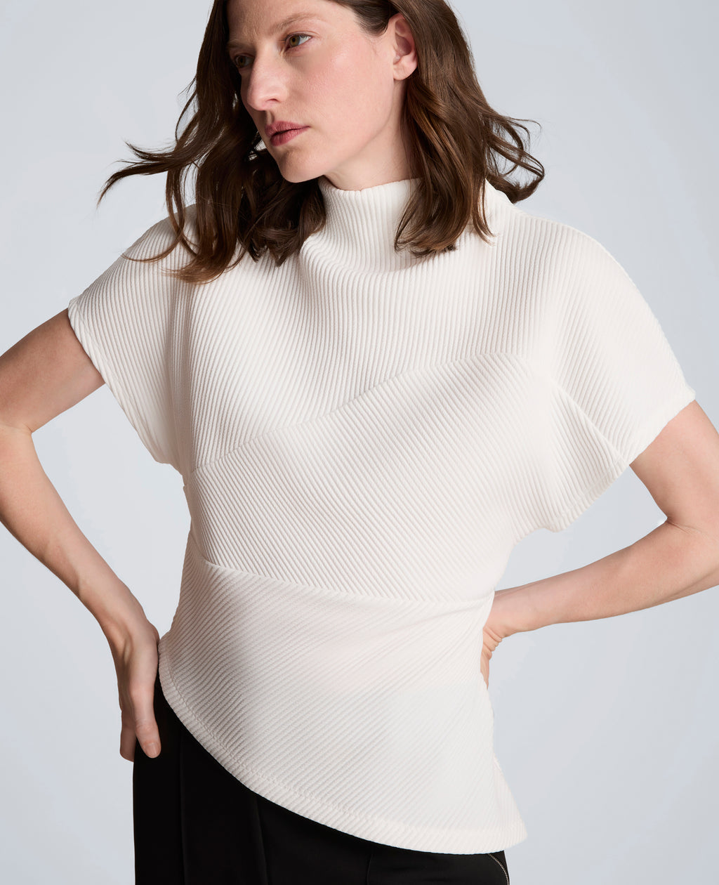 Kenneth Cole - Knit Plisse Mock Neck Asymmetrical Pullover with Extended Shoulder WOMENS KNITS for Women 