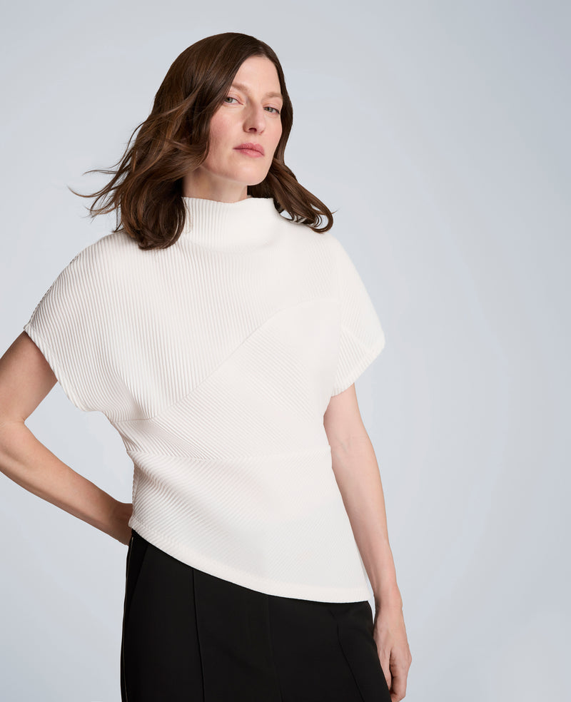 Kenneth Cole - Knit Plisse Mock Neck Asymmetrical Pullover with Extended Shoulder WOMENS KNITS for Women