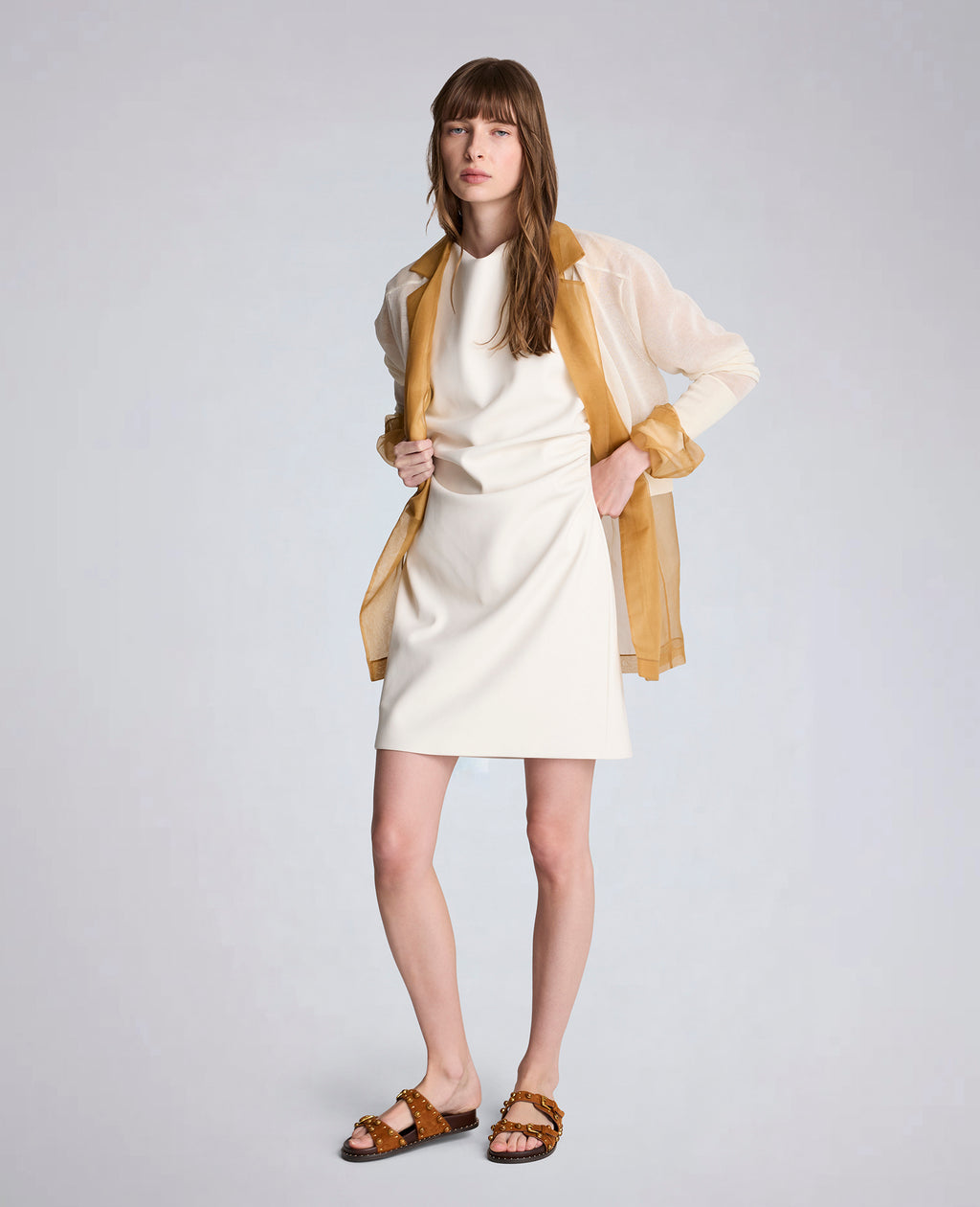 Vegan Leather Boatneck Rouched Waist Short Dress