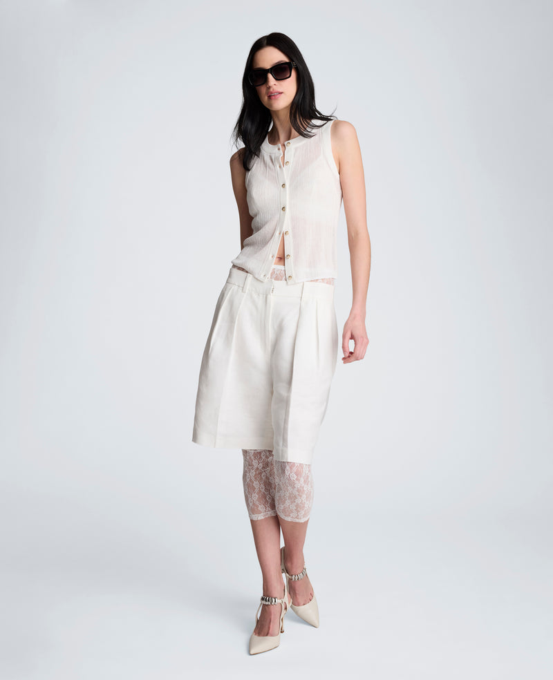 Kenneth Cole - Fly Front High Rise Pleated Short Bermuda Refined Linen Short WOMENS SHORTS for Women