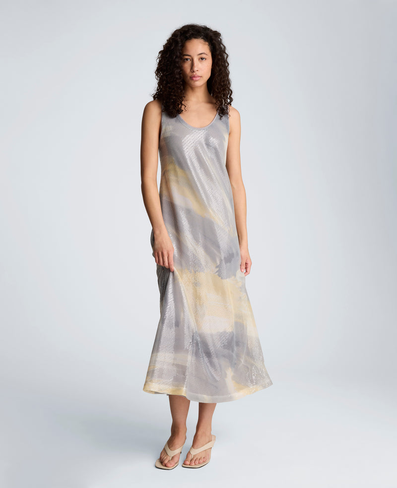 Kenneth Cole | Printed Sequin Mesh Maxi Slip Dress in PASTEL YELLOW MULTI, Size: XL Kenneth Cole | Printed Sequin Mesh Maxi Slip Dress in PASTEL YELLOW MULTI, Size: XL
