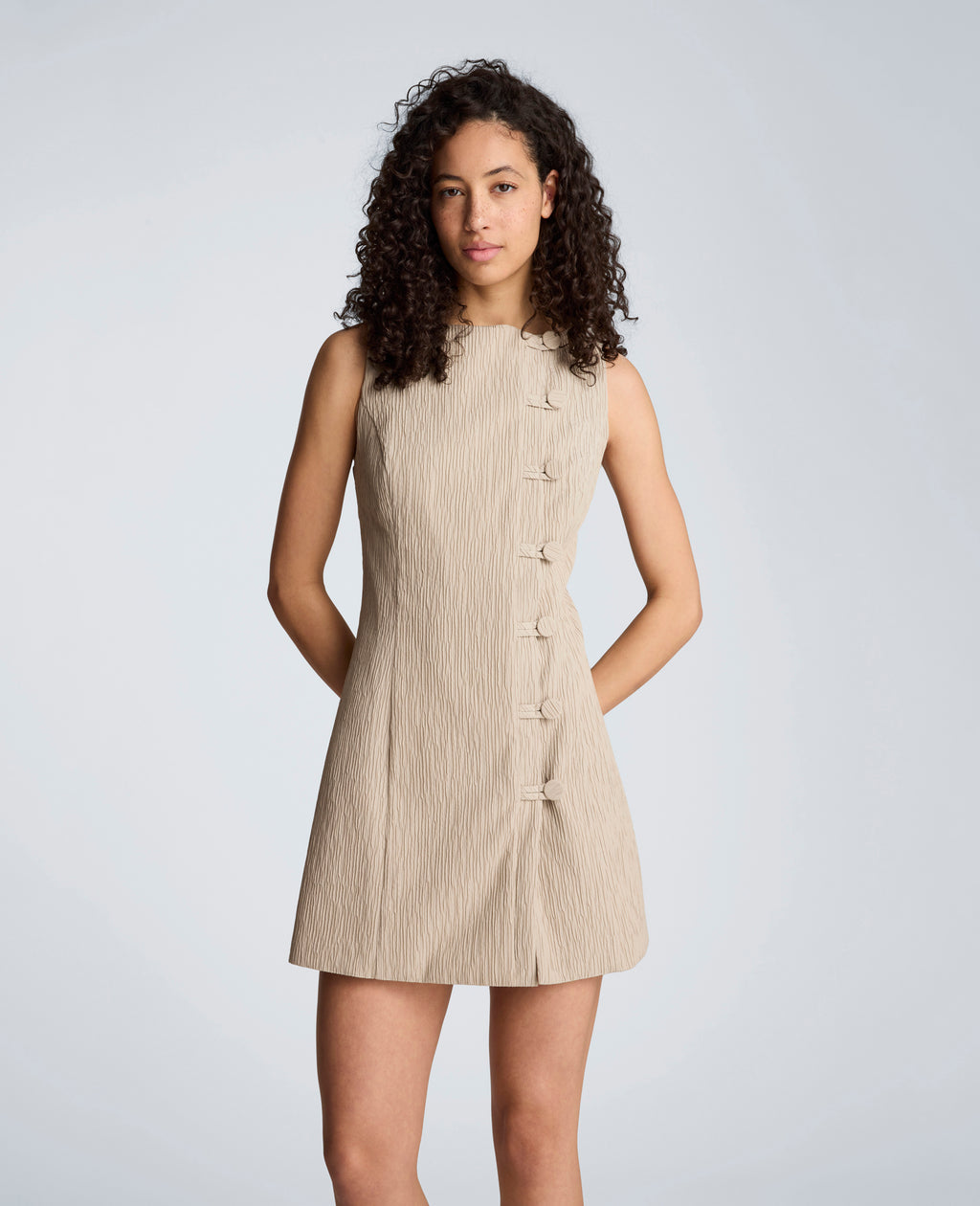 Kenneth Cole - Button Front Boat Neck Sheath Short Cotton Cloque Dress WOMENS DRESS for Women 