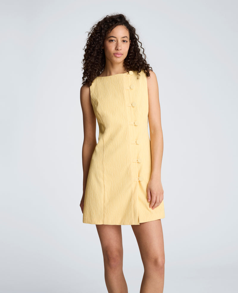 Kenneth Cole - Button Front Boat Neck Sheath Short Cotton Cloque Dress WOMENS DRESS for Women
