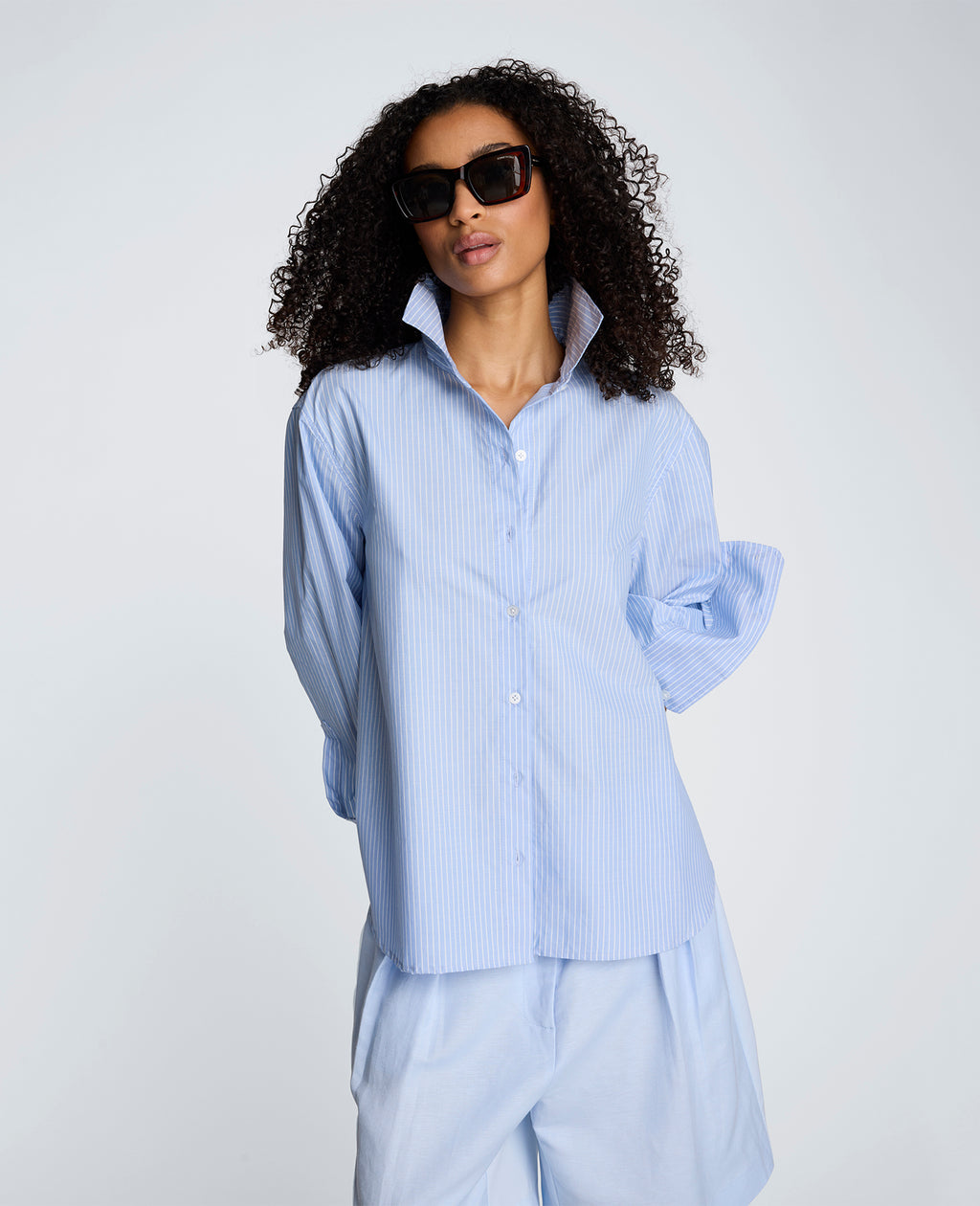 Kenneth Cole - Button Down Striped Poplin Boyfriend Shirt WOMENS SHIRTS for Women 