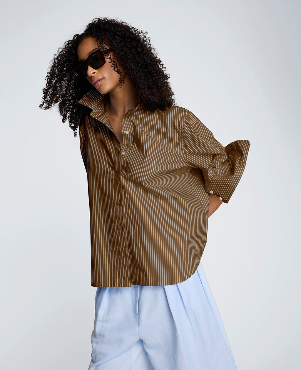 Kenneth Cole - Button Down Striped Poplin Boyfriend Shirt WOMENS SHIRTS for Women 