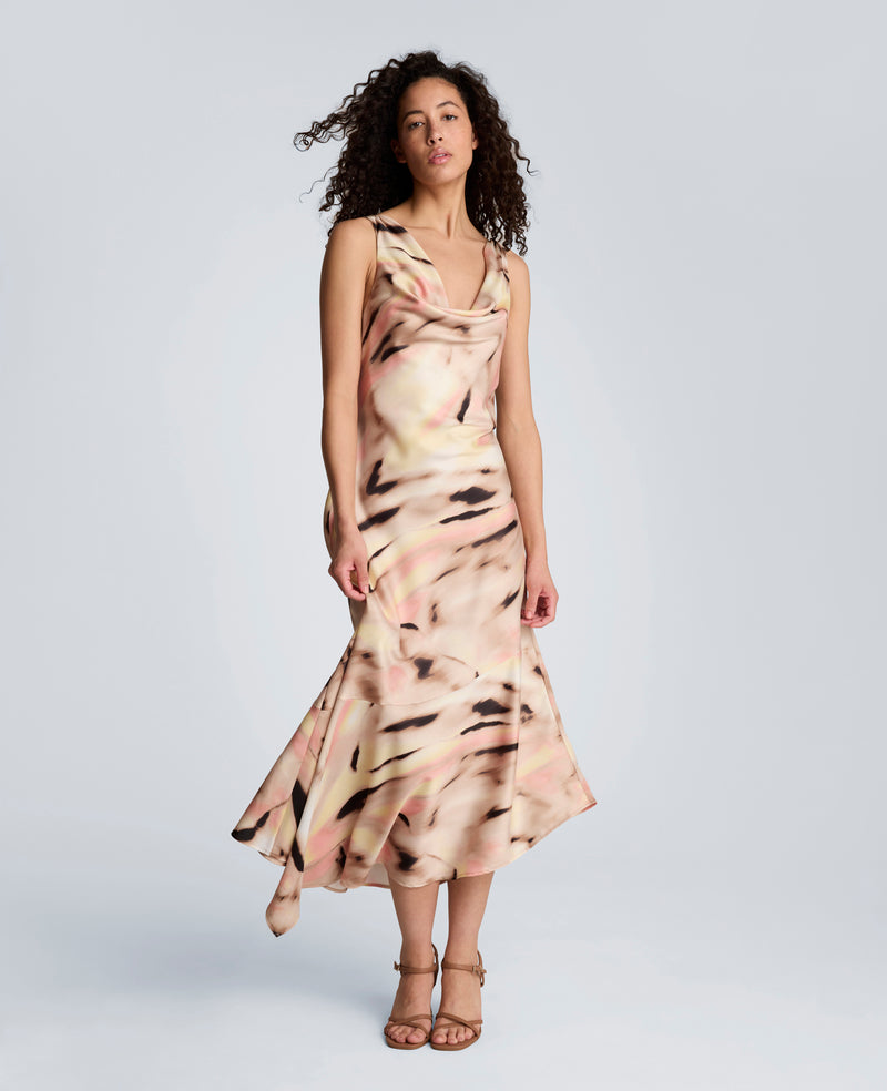 Satin Asymmetrical Hem Cowl Neck Dress